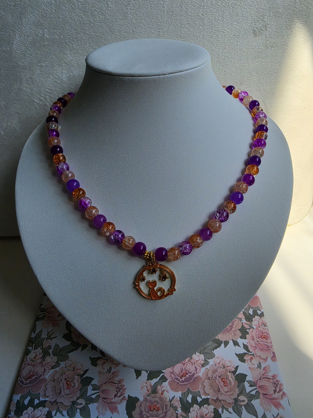 Purple & Gold Beaded Cat Pendant Necklace by